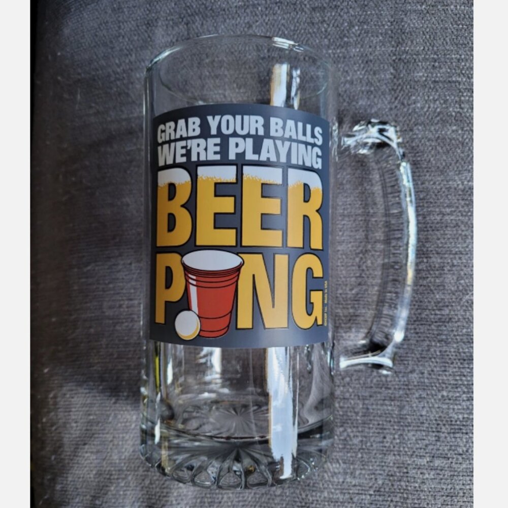 🍺⚪️ Tall Glass "Grab Your Balls We're Playing Beer Pong" German Style Beer Mug